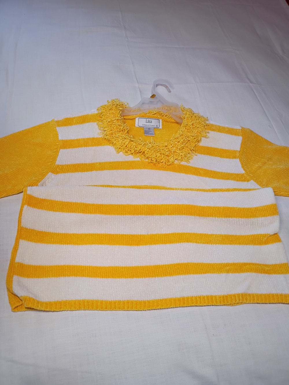 Lisa International Yellow and White Scoop Neck Loop-Trim Sweater - Picture 2 of 6
